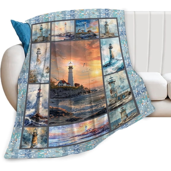 Lighthouse Blanket for Woman Nautical Lighthouse Throw Blanket Lighthouse Beach Decor Stuff Merch Cozy Flannel Fleece Soft Plush Fuzzy Warm Lightweight Bedding Gifts for Girls Men Couch Sofa 60"X50"