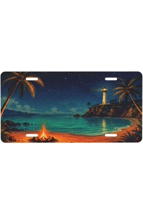 Lighthouse Bonfire Decorative License Plate with Auto Plate Cover, Aluminum, 6 x 12 Inch