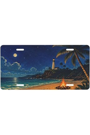 Lighthouse Bonfire Design Decorative License Plate, Auto Plate Cover, Aluminum, 6 x 12 Inch