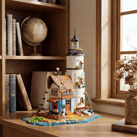 Lighthouse Building Set, Model Beach Harbor House Architecture Building Blocks with LED Lights for Adults Teen Home Decor Collection