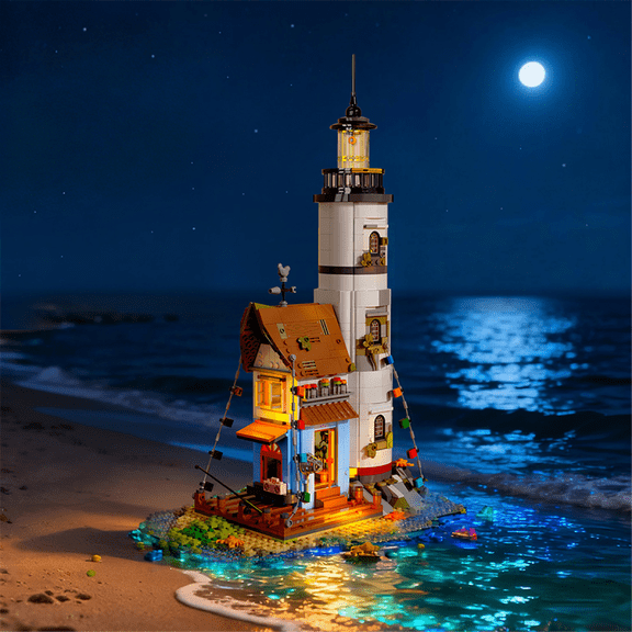 Lighthouse Building Set for Adults, Beach Harbor House Architecture Building Blocks with LED Lights for Home Decor Collection