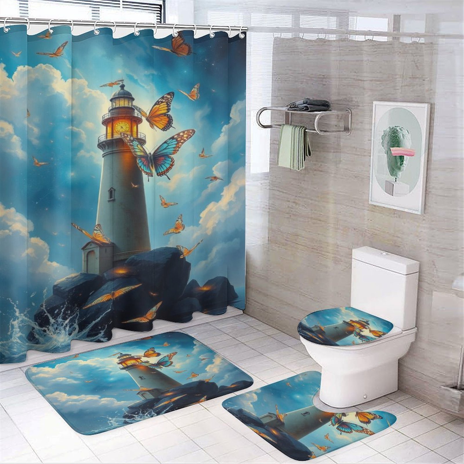 Lighthouse Butterflies Ocean Shower Curtain Modern Bath Decor Set ...