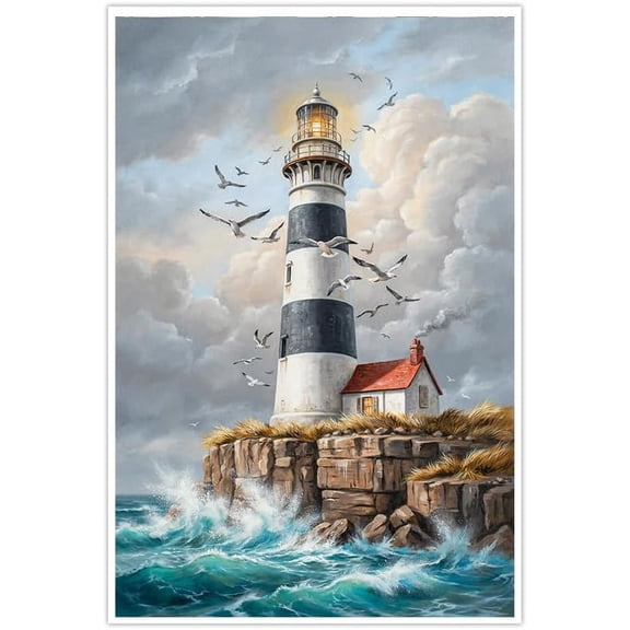 Lighthouse Canvas Wall Art Ocean Waves Painting Coastal Nautical Poster Seagulls Scenery Vintage Prints for Living Room Bedroom Bathroom Office Home Wall Decorations