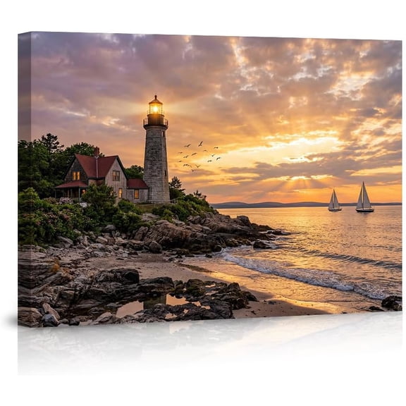 Lighthouse Canvas Wall Art Sunset Beach Landscape Poster Coastal Ocean Seascape Nautical Pictures Home Decor for Living Room Bedroom Office Large Artwork Gifts