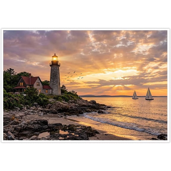 Lighthouse Canvas Wall Art Sunset Beach Landscape Poster Coastal Ocean Seascape Nautical Pictures Home Decor for Living Room Bedroom Office Large Artwork Gifts