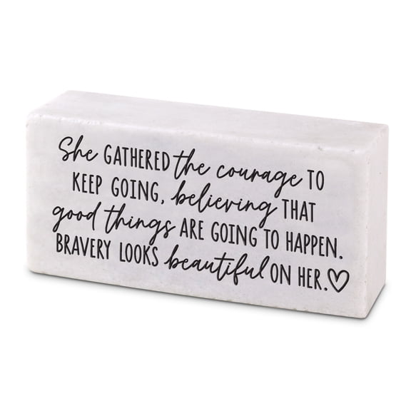 Lighthouse Christian Products Inspirational Decorative Block Sign, Encouragement Tabletop Plaque 4 x 2 Inch Cast Stone She Gathered the Courage