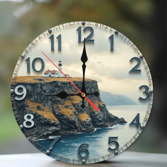 Lighthouse Cliff Ocean View Wall Clock Unique Decor Home 10-Inch Silent Wooden Wall Clock, Battery Operated (AA Batteries Not Included), Artistic Home Decor