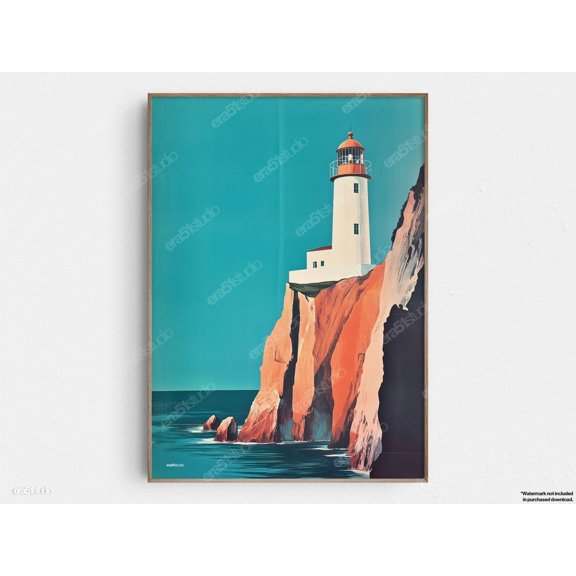 Lighthouse Cliff Wall Art Mid Century Coastal Decor Living Room Bedroom Office