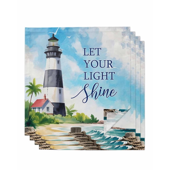 Lighthouse Cloth Napkins Set of 4 Reusable Dinner Napkins, Blue Coastal Nautical Ocean Beach Palm Tree Cocktail Napkin Washable Table Napkins for Wedding/Holiday Party/Baby Shower 20"x20"