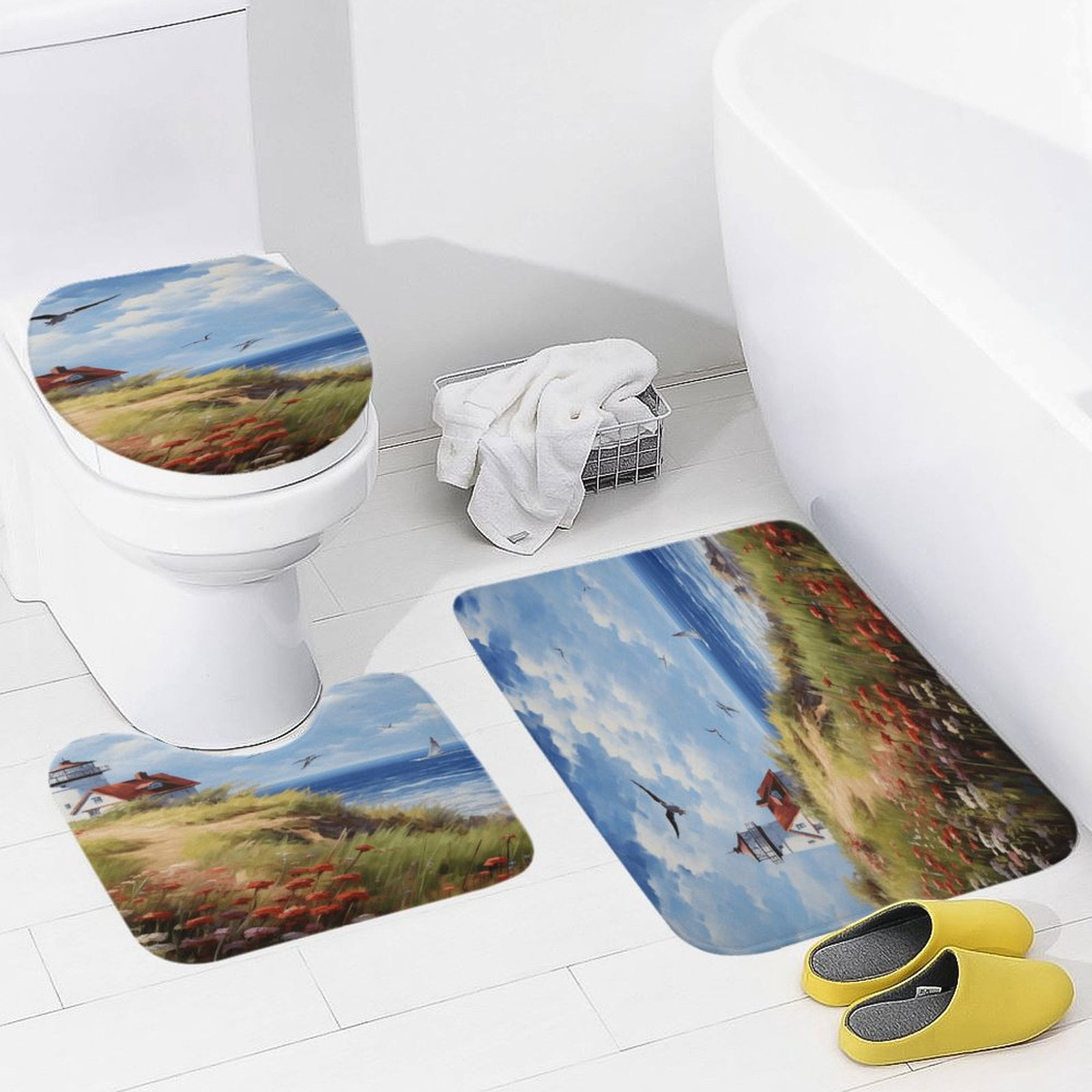 Lighthouse Coast Scenery 3 Piece Bath Rugs Mat Set, Flannel Mats, Machine Washable Carpets Mat for Bathroom Kitchen, Tub Toilet Contour Mat Lid Cover