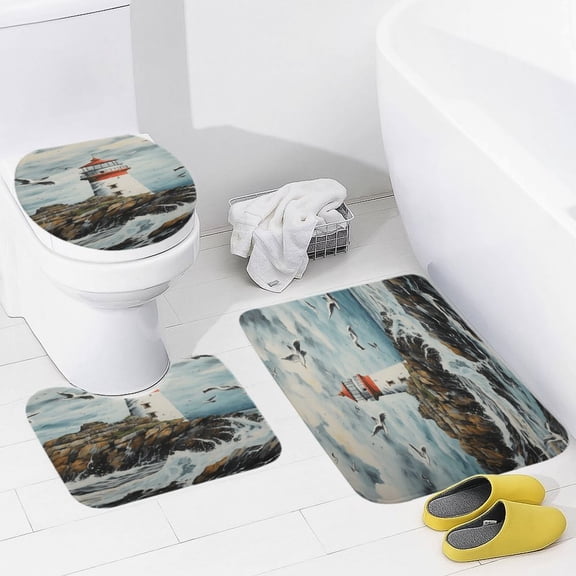 Lighthouse Coast Scenery 3 Piece Bath Rugs Mat Set, Flannel Mats, Machine Washable Carpets Mat for Bathroom Kitchen, Tub Toilet Contour Mat Lid Cover