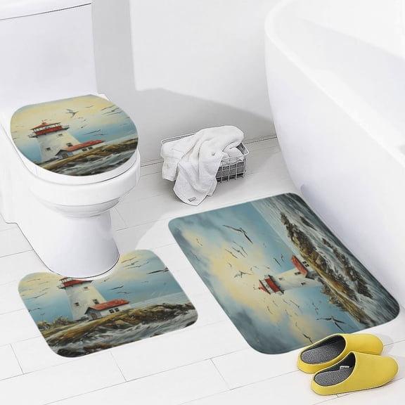 Lighthouse Coast Scenery 3 Piece Bath Rugs Mat Set, Flannel Mats, Machine Washable Carpets Mat for Bathroom Kitchen, Tub Toilet Contour Mat Lid Cover