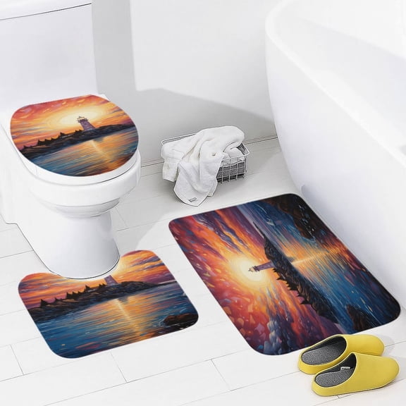 Lighthouse Coast Scenery 3 Pieces Bath Mats Set, Non-Slip Washable Cover Floor Rug Decorations for Kitchen Bathroom Bedroom