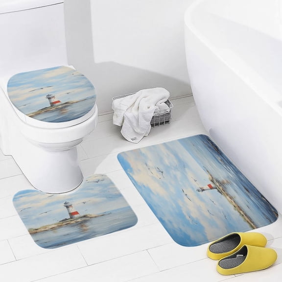 Lighthouse Coast Scenery 3 Pieces Bath Mats Set, Non-Slip Washable Cover Floor Rug Decorations for Kitchen Bathroom Bedroom