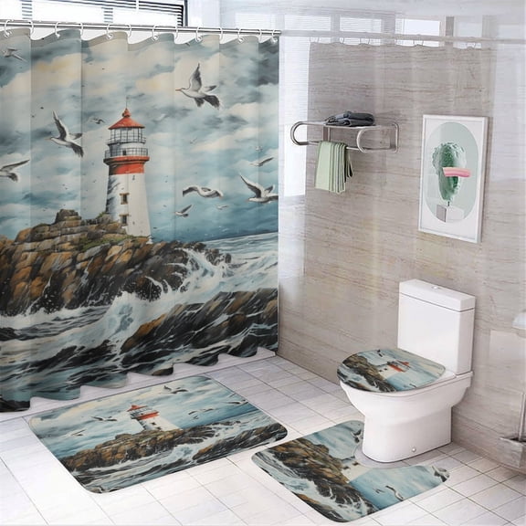 Lighthouse Coast Scenery 4 Piece Shower Curtain Sets, Non-Slip Rugs, Toilet Lid Cover And Bath Mat, for Bathroom Decor Set, 72" X 72"