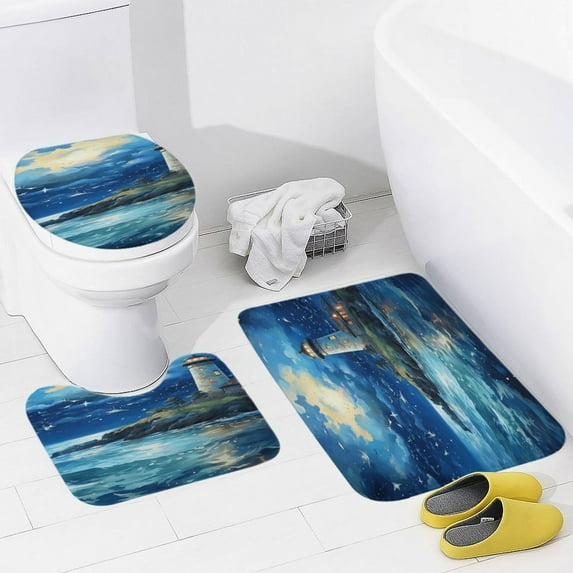 Lighthouse Coast Scenery Bathroom Mats Set of 3 Pieces,Non Slip Non Slip Mats, Washable Mats, Decorative Carpets for Bathrooms, Kitchens, And Bedrooms.