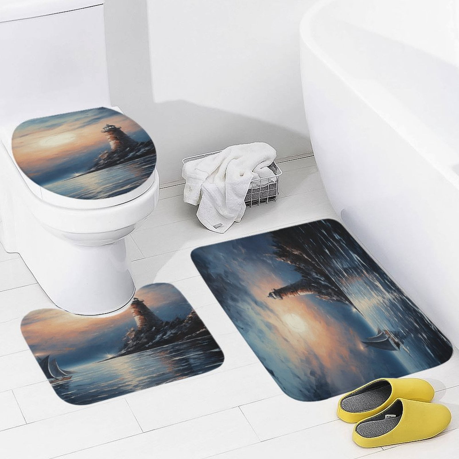 Lighthouse Coast Scenery Bathroom Mats Set 3-piece Bath Mats , Floor Rug Decorations for Kitchen Bathroom Bedroom