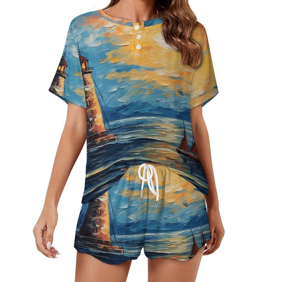 Lighthouse Coast Scenery Print Women'S Pajamas Set Summer Sleepwear Sets 2 Piece Lounge Set