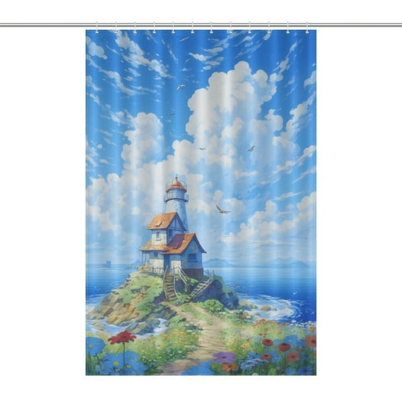 Lighthouse Coast Scenery Shower Curtain Cloth Fabric Bathroom Decor with Hooks