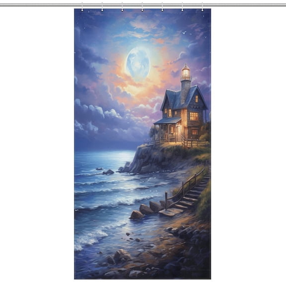 Lighthouse Coast Scenery Shower Curtain Cloth Fabric Bathroom Decor with Hooks
