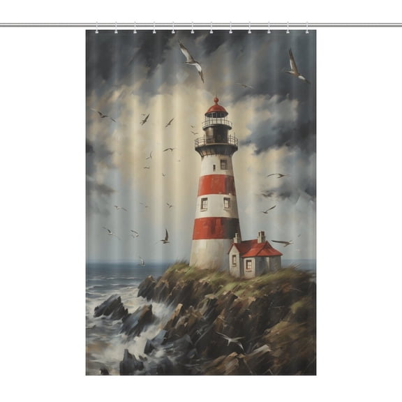 Lighthouse Coast Scenery Shower Curtain Modern Home Bathroom Bathtub Decor Waterproof Fabric with 12PCS Hooks