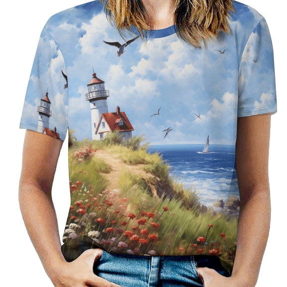 Lighthouse Coast Scenery T Shirts Basic T-Shirt Short Sleeve Ladies Tee Shirt Summer Graphic Clothing