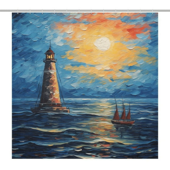 Lighthouse Coast Scenery Waterproof Polyester Quick-Drying Shower Curtain for Bathroom with 12 Hooks