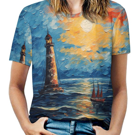 Lighthouse Coast Scenery Women's Short Sleeve T-Shirt Crew Neck Casual Summer Trendy Loose Fit Tops