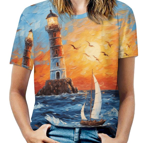 Lighthouse Coast Scenery Womens Tops Women's Fashion Casual Short Sleeve Flower Print Round Neck Pullover Top Blouse