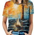 thumbnail image 1 of Lighthouse Coast Scenery Womens Tops Women's Fashion Casual Short Sleeve Flower Print Round Neck Pullover Top Blouse, 1 of 6