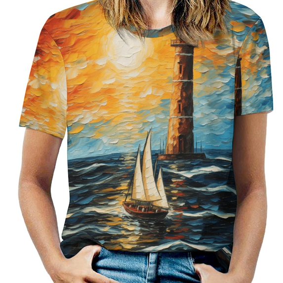 Lighthouse Coast Scenery Womens Tops Women's Fashion Casual Short Sleeve Flower Print Round Neck Pullover Top Blouse