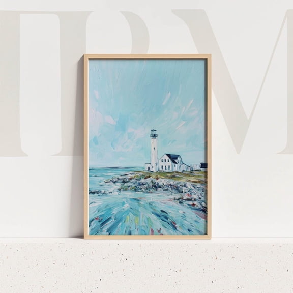 Lighthouse Coastal Art Print, Ocean With Blue Sky And Rocky Shore Home Decor #560, Unframed Canvas Size 8x12
