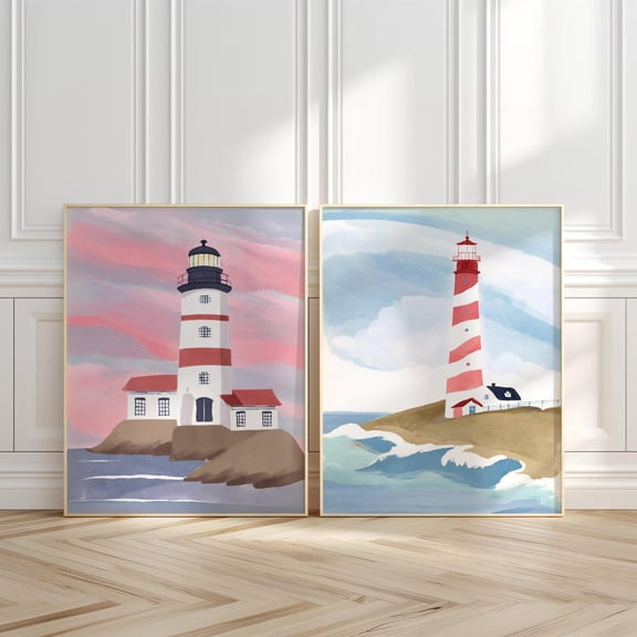 Lighthouse Coastal New England Nautical Decor Vintage Ocean Style Rustic Seaside Cottage Set 2 Unframed Paper Print 8x12