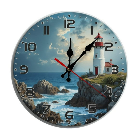 Lighthouse Coastal Rocky Wall Clock 10 Inch Silent Non Ticking Round Wooden Clock Decoration for Living Room Kitchen Bedroom Bathroom Office Classroom