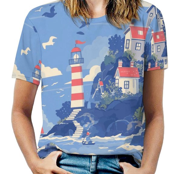 Lighthouse Coastal Scene-1 Women's Short Sleeve Tops Casual Blouses T Shirt
