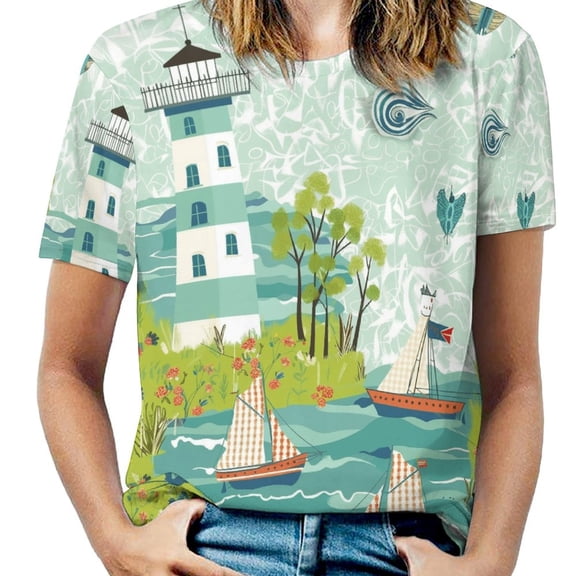 Lighthouse Coastal Scene-4 T Shirts Basic T-Shirt Short Sleeve Ladies Tee Shirt Summer Graphic Clothing