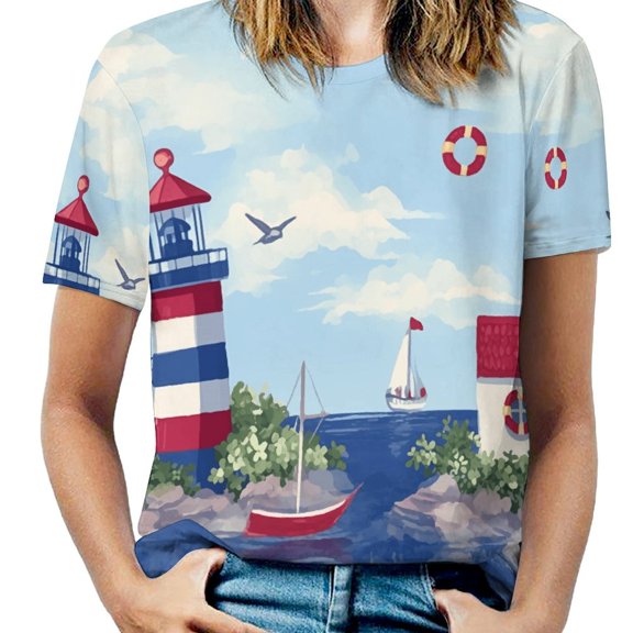 Lighthouse Coastal Scene-5 Women's T-Shirt Short Sleeve T Shirts Tops Tee Ladies Loose T