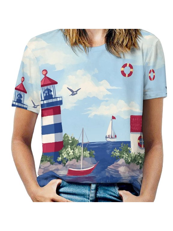 Lighthouse Coastal Scene-5 Women's T-Shirt Short Sleeve T Shirts Tops Tee Ladies Loose T