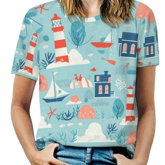 Lighthouse Coastal Scene-6 Women's Short Sleeve T-Shirt Crew Neck Casual Summer Trendy Loose Fit Tops