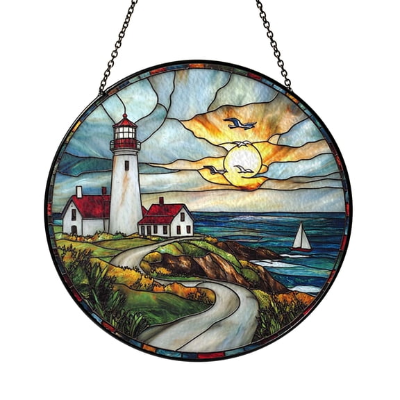 Lighthouse Coastal Scene Stained Glass Style Suncatcher – Home Decor