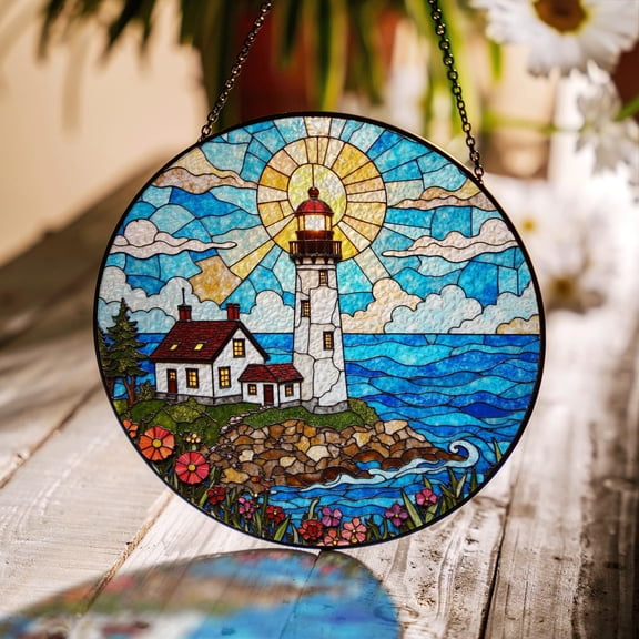 Lighthouse Coastal Stained Glass Suncatcher, Beach Theme Window Hanging Gift for Ocean Lovers, Coastal Home Decor