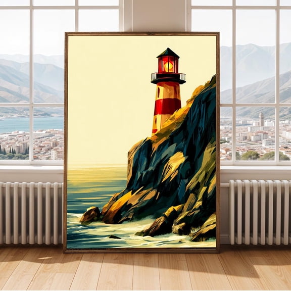 Lighthouse Coastal Wall Art Ocean Cliff Print Seaside Home Decor