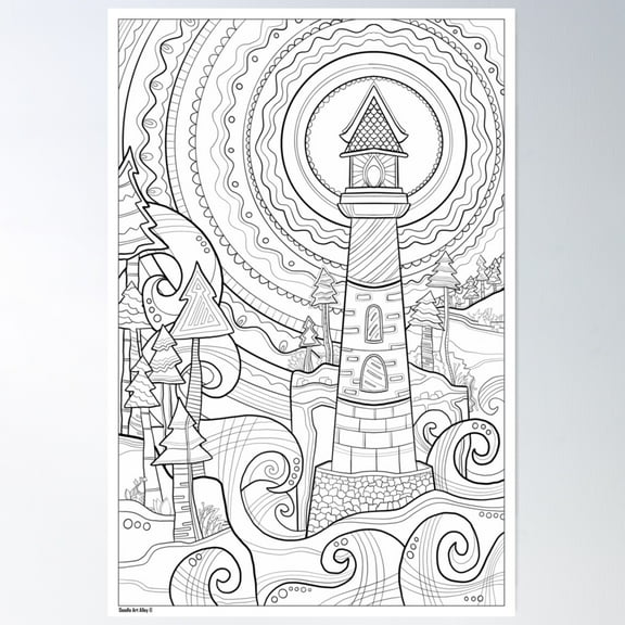 Lighthouse Coloring Art - Doodle Art Alley Poster Poster Wall Art, Modern Wall Decor For Living Room Bedroom, 12x18 UNFRAMED