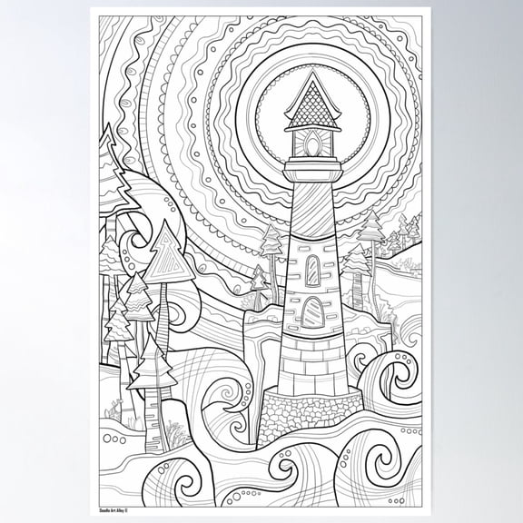 Lighthouse Coloring Art, Doodle Art Alley Poster Wall Art, UNFRAMED PAPER POSTER