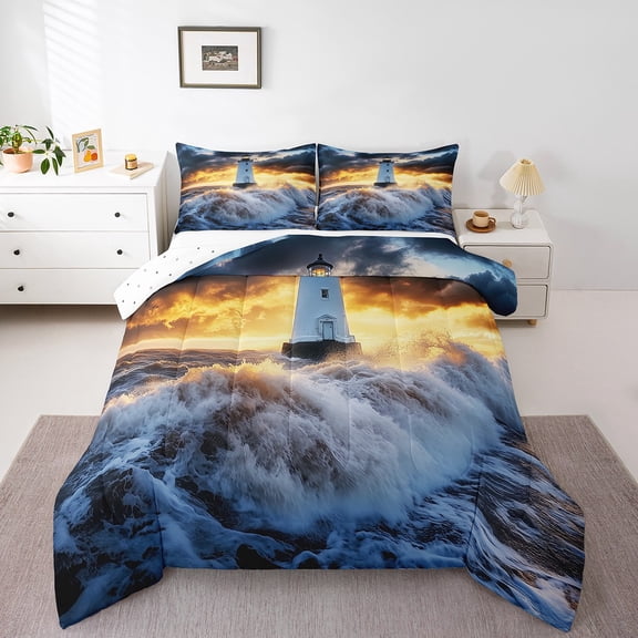 Lighthouse Comforter Sets Sea Ocean Wave Full Down Comforter Coastal Island Seascape Bedding Set Teens Room Decor,Nautical Theme Bed Set