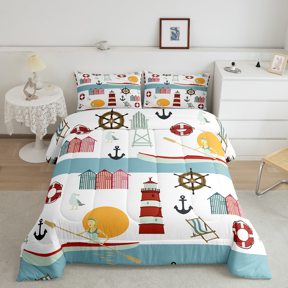Lighthouse Comforter Set Lake Paddle Boat King Bedding Set for Boys