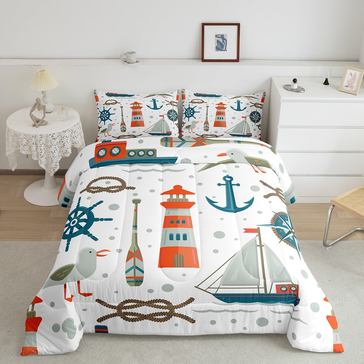 Lighthouse Comforter Set Lake Paddle King Bedding Set for Boys Kids Child,Nautical Rope Knot