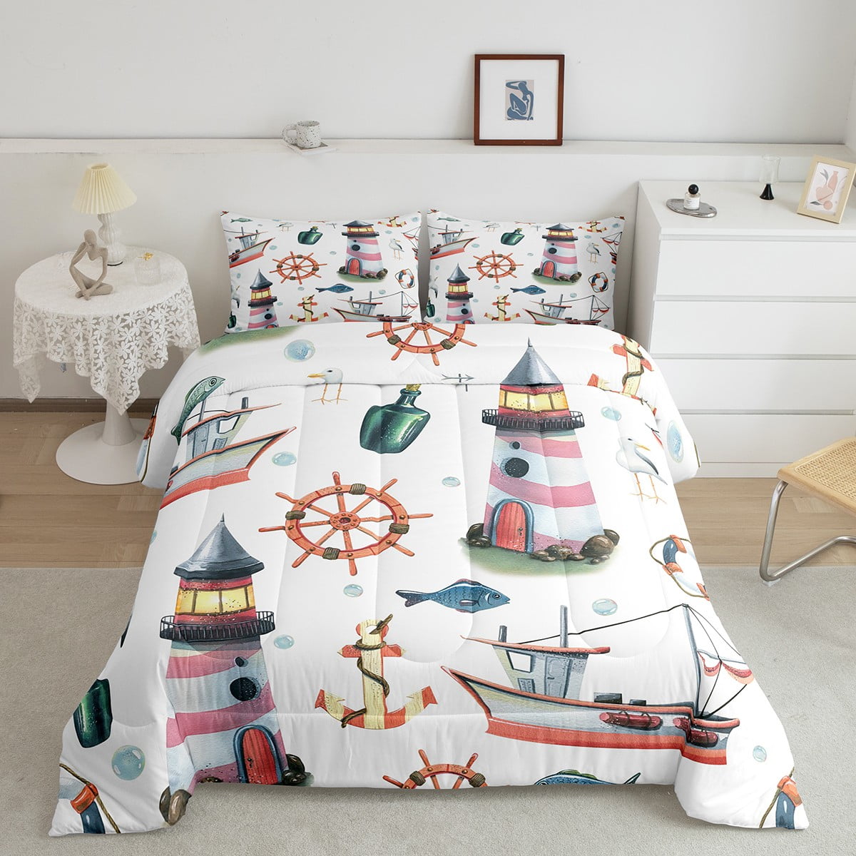 Lighthouse Comforter Set Nautical Themed Twin Bedding Set for Boys Kids