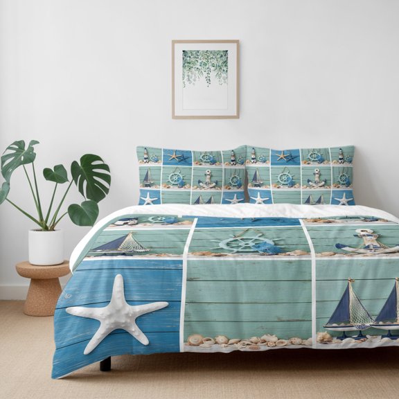 Lighthouse Compass Shell Starfish Sailboat California King Size Bed Set, Nautical Theme Bedding for All Seasons,4 Pcs Bed Set with 1 Quiltcover (96"x104"),1 Sheet (110"x98"),2 Pillowcases (20"x36")