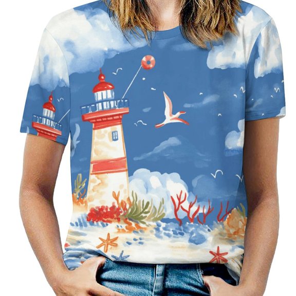 Lighthouse Coral Sea Life Women's Short Sleeve Tops Casual Blouses T Shirt